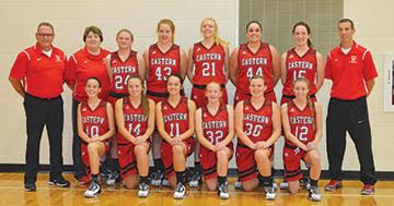 The Eastern Lady hit the hardwood this season with hopes of rising back to the top of the Southern Hills Athletic Conference big school division after finishing runner-up in the league last season. Frpnt row, from the left, are Camryn Pickerill, Morgan Reynolds, Whitney Broughton, Andrea Edmisten, Allison Malott, and Jensen Sowers; back row, assistant coach Dan Beasley, assistant coach Debbie Forsythe, Haley Fannin, Mikayla Farris, Allison Day, Alexa Pennington, Destinie Rose, and head coach Kevin Pickerill. Not present at picture time was assistant coach Janie Day.