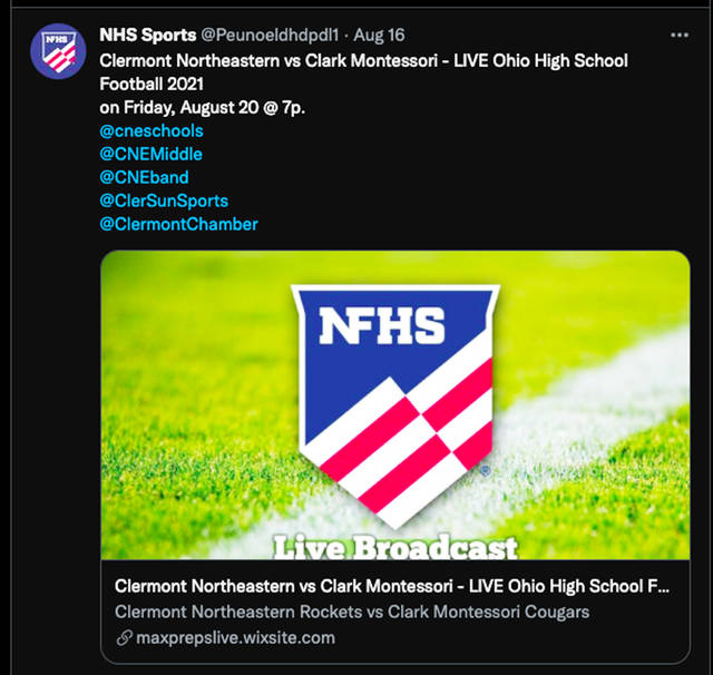 127494806_web1_FakeLink
An screenshot of a Tweet containing a fake streaming link to a Clermont Northeastern High School football game.