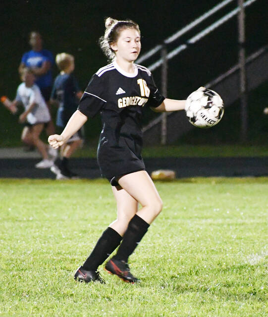 <p>Georgetown’s Stacy Smith controls the ball for the Lady G-Men. Photo by Garth Shanklin.</p>