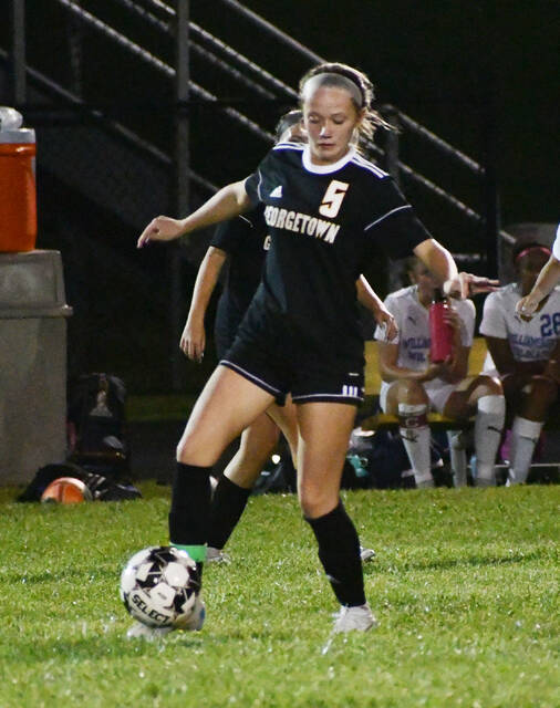 <p>Georgetown’s Anistin Fender tallied the Lady G-Men’s lone goal in the team’s game against Williamsburg. Photo by Garth Shanklin.</p>