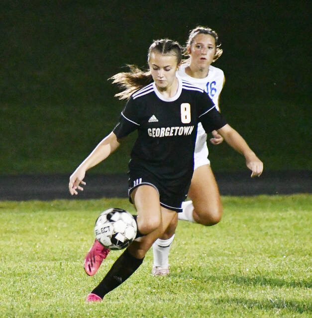 <p>Georgetown’s Leila Gullett flicks the ball to herself. Photo by Garth Shanklin.</p>