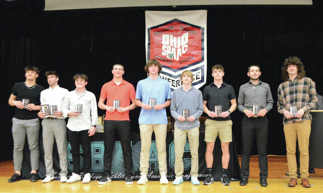 129447033_web1_National-Div-boys-basketball
This years SBAAC National Division First Team of boys basketball all-stars pose with their awards during the annual winter sports awards banquet. From the left, Alex Ervin (Williamsburg), Carson Miles (Georgetown), Ryland Hayslip (Georgetown), Jacob Arthur (Felicity), Conner Yeager (Clermont Northeastern), Symon Mattes (Clermont Northeastern), CJ Boothby (Clermont Northeastern), Bryce Sipple (Blanchester), and Austin Brookenthal (Bethel). Not present at picture time was Dakota Collom (East Clinton).