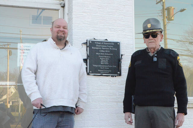 129467001_web1_canter-building-dedication
The Village of Hamersville dedicated its Emergency Services Building in memory of former police chief James Jim Canter. A dedication ceremony was held on Monday, March 20. Pictured in front of the Chief James Canter Emergency Services Building are Hamersville Mayor Wayne Hill and Hamersville Police Chief Guy Sutton. Photo by Wade Linville