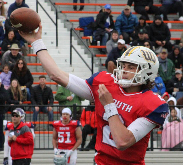 129807604_web1_Brown_football_Novak
Quarterback Drew Novak, who recently graduated from Western Brown High School, attempts a pass during the 76th annual Ohio North-South All-Star Game in Massillon. Ohio High School Football Coaches Association photo