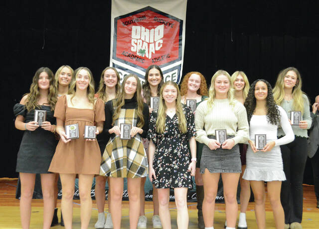 130177471_web1_American-Div-volleyball
The 2023 Southern Buckeye Athletic/Academic Conference American Division First Team of volleyball all-stars pose with their awards. Front row, from the left, Brynn Bryant (Wilmington), Lisbon Smith (Wilmington), Olivia Fischer (Western Brown), Alyssa Campbell (Western Brown), Cassidy Armstrong (Western Brown), and Piper Willis (New Richmond); back row, Shelby Henry (New Richmond), Ella Helden (New Richmond), Cate Coulter (New Richmond), Macee Steele (Goshen), Natalie Hillman (Clinton-Massie), and Ellie Poynter (Batavia). Photo by Wade Linville