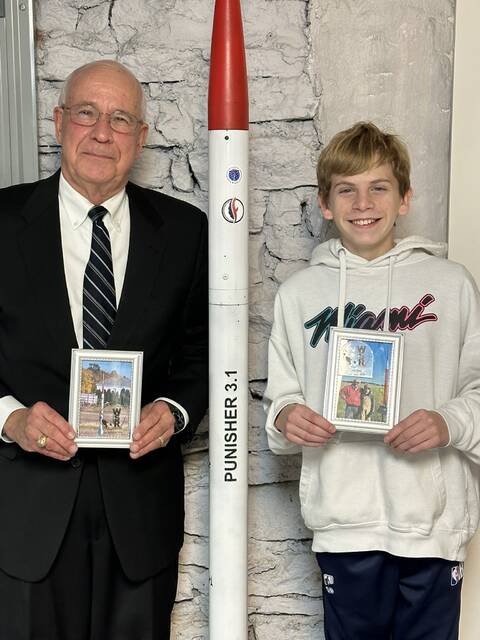 130244729_web1_Tom-Zachman-and-Jake-Franklin-WSR-Awards-12-12-2023
The Ripley Ohio Association of Rocketry, NAR Section #851 Senior Advisor Tom Zachman (left) and fellow Rocketeer Jake Franklin (right) were honored by the Wright Stuff Rocketeers NAR Section #703, Dayton, Ohio at the 2023 Christmas Party and Awards Program. Photo by Jane Zachman