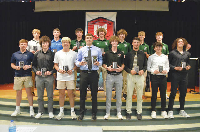 130644875_web1_american-div-baseball
The 2024 Southern Buckeye Athletic/Academic Conference American Division First Team of baseball all-stars pose with their awards. Front row, from the left, Jake Stephens (Wilmington), Cameron Johnson (Western Brown) Jet Jamison (Western Brown), Abe Crall (Western Brown), Carson Kuhlman (New Richmond), Lex Hounshell (New Richmond), Cohen Hamann (Goshen), and Miles Theetge (Clinton-Massie); back row, Jackson Doyle (Clinton-Massie), Liam Denehy (Clinton-Massie), Brayden Schmittou (Batavia), Derek Richardson (Batavia), Mason Patrick (Batavia), Dom Hannah (Batavia), and Wes Embry (Batavia).