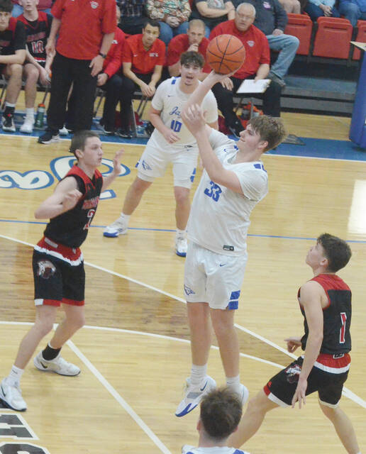 Ripleys Gavin Benjamin launches a shot in the Blue Jays Feb. 19 game against Eastern. Photo by Wade Linville